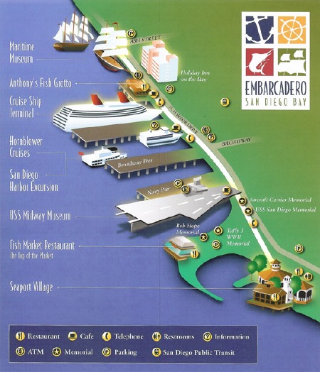 Tourist map of the Embarcadero, of San Diego Bay.