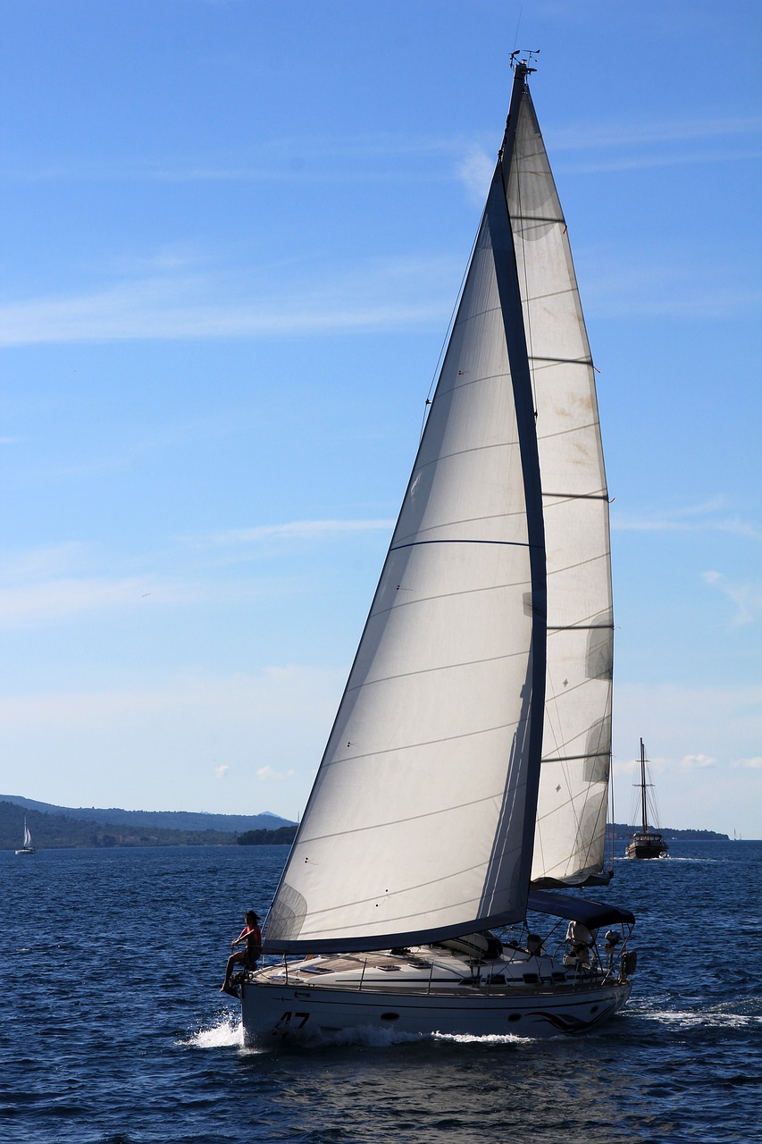 A picturesque sailboat with Mainsail and Foresail fully deployed.